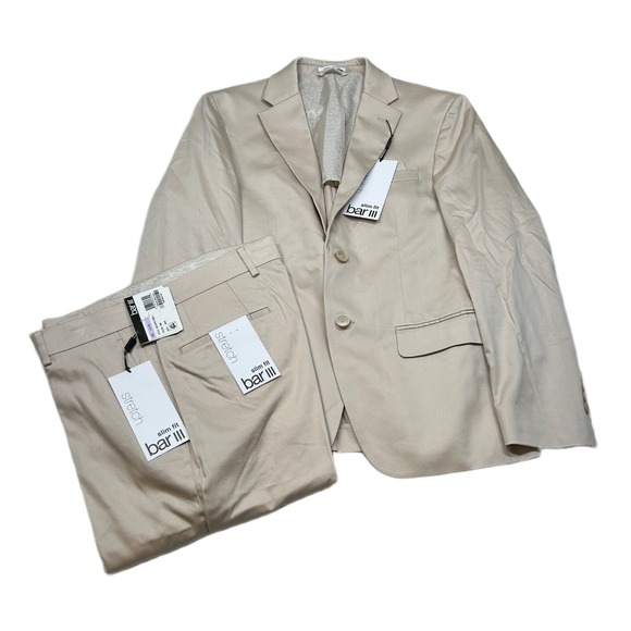 Bar III Slim Fit Suit Mens 38S 2 Piece Pants 32x30 Tan Cotton Stretch $495 - Picture 1 of 16